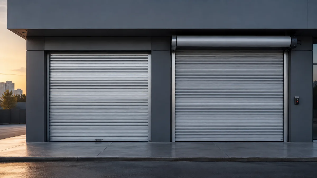 Comparação de portas de aço de enrolar manual e automática em fachada comercial