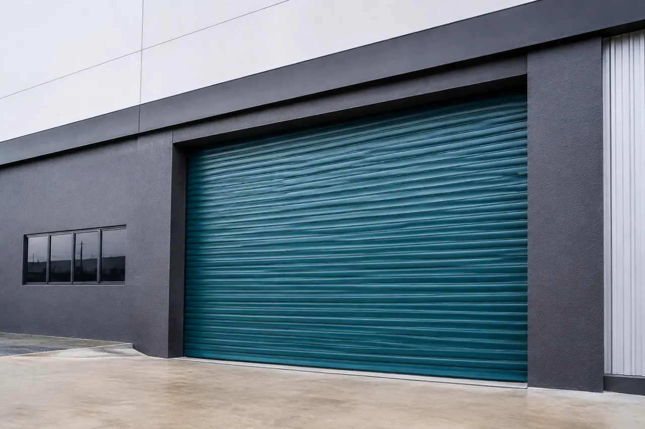 Porta de aço de enrolar azul instalada em galpão empresarial de Londrina