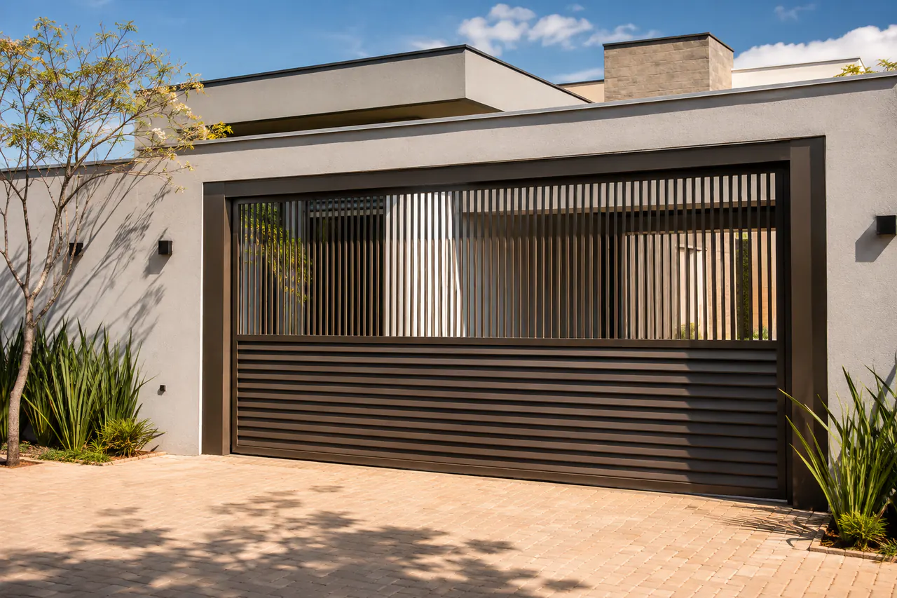 Portão de garagem metálico bronze com acabamento sob medida em Londrina