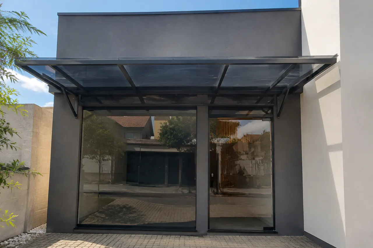 Toldo de policarbonato fumê instalado em fachada de loja em Londrina