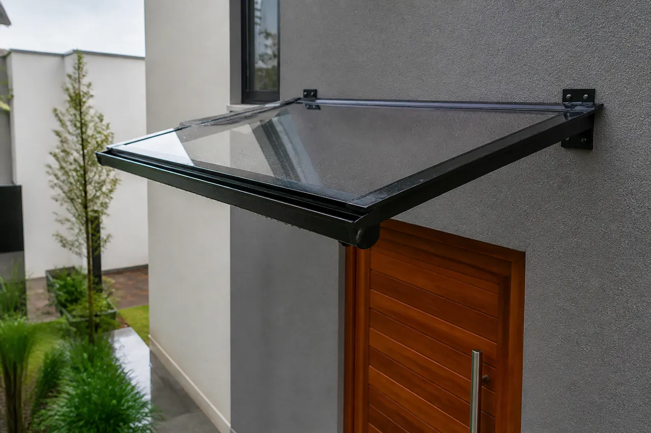 Toldo de policarbonato transparente instalado sobre porta residencial em Londrina